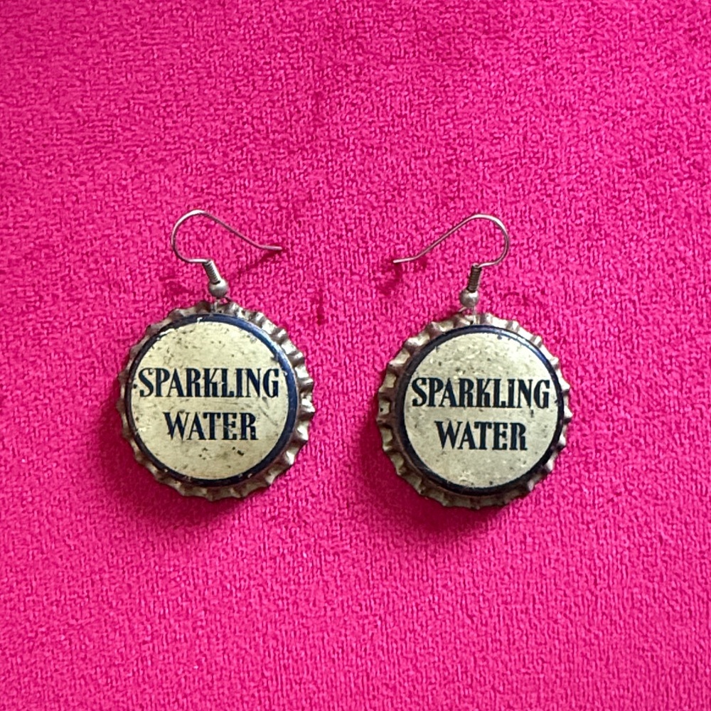 Sparkling Water Bottle Cap Dangle Earrings - Metallic & Navy letters New